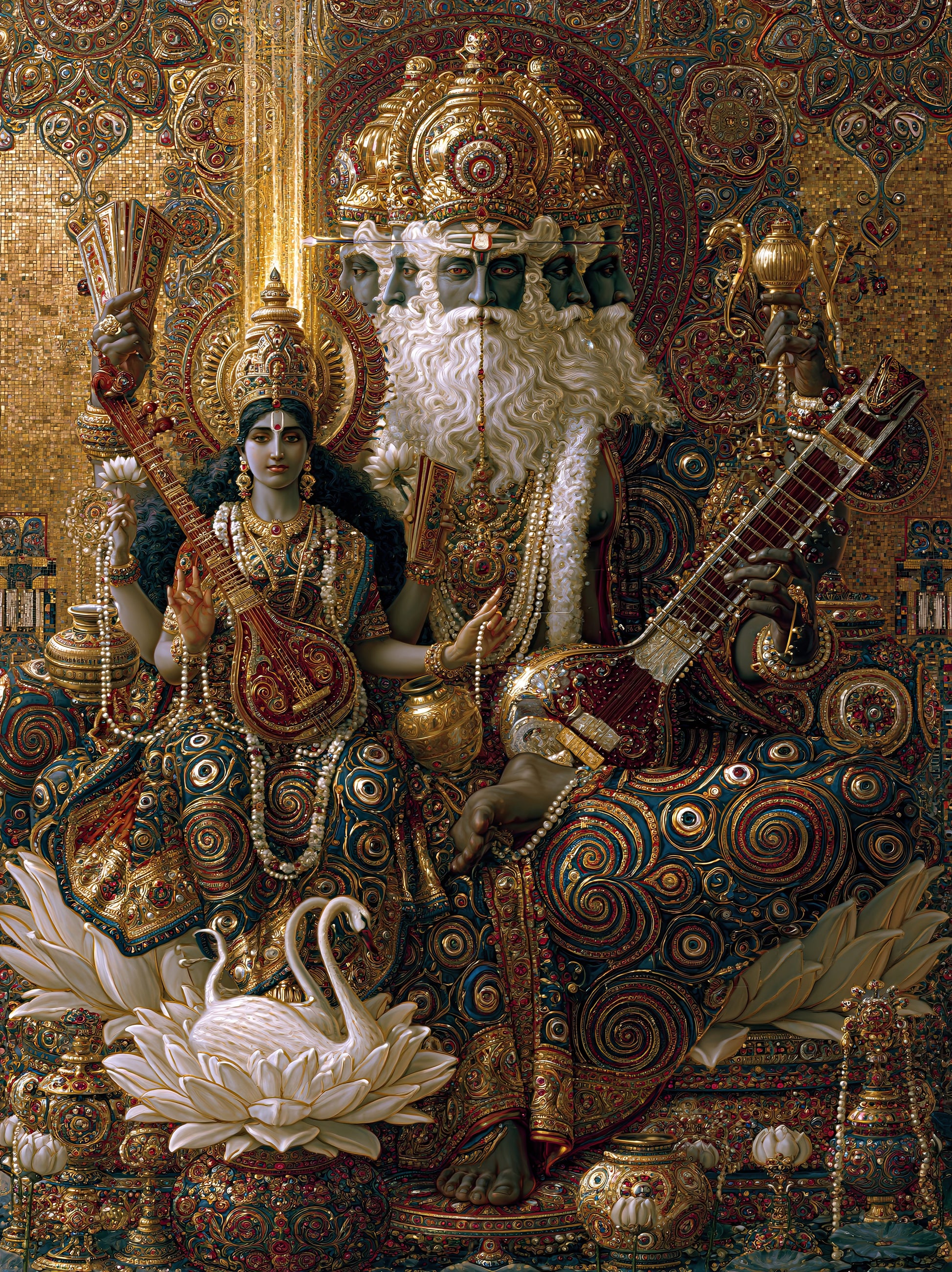 Brahma ब्रह्मा | The Wisdom Court — Brahma and Saraswati - DuppyArt devotional digital print