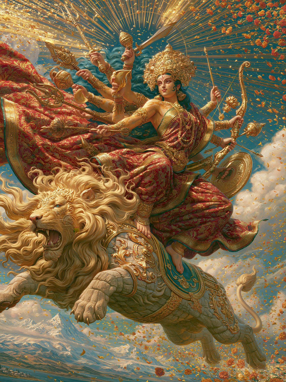 Durga दुर्गा | The Lion Flies Through Marigold Sky | Digital Print Download