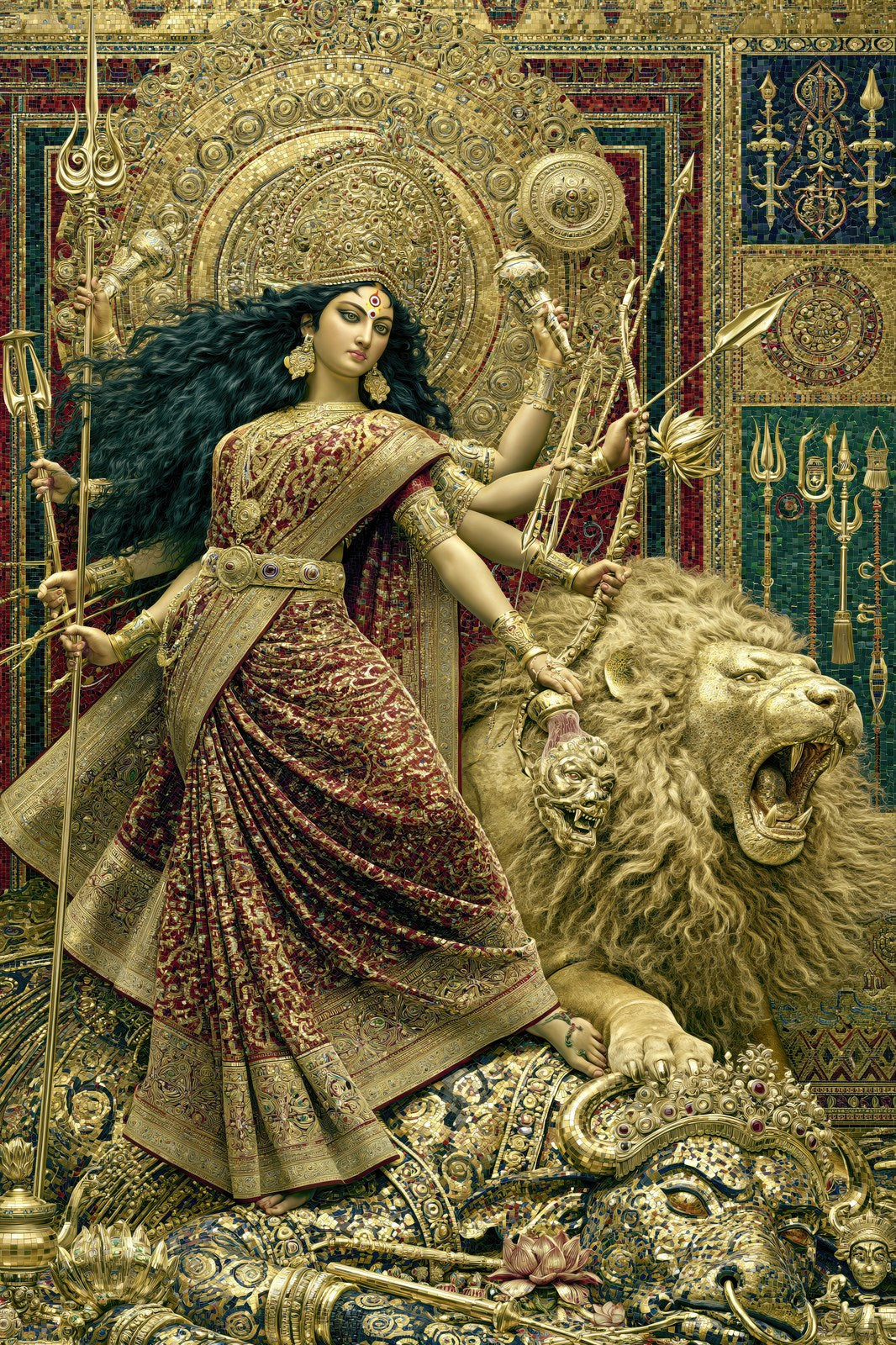 Durga दुर्गा | Mosaic of the Goddess and Her Lion | Digital Print Download