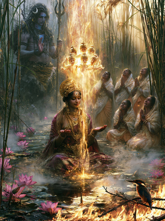 Kartikeya कार्तिकेय | Parvati Catches the Flames - DuppyArt devotional digital print