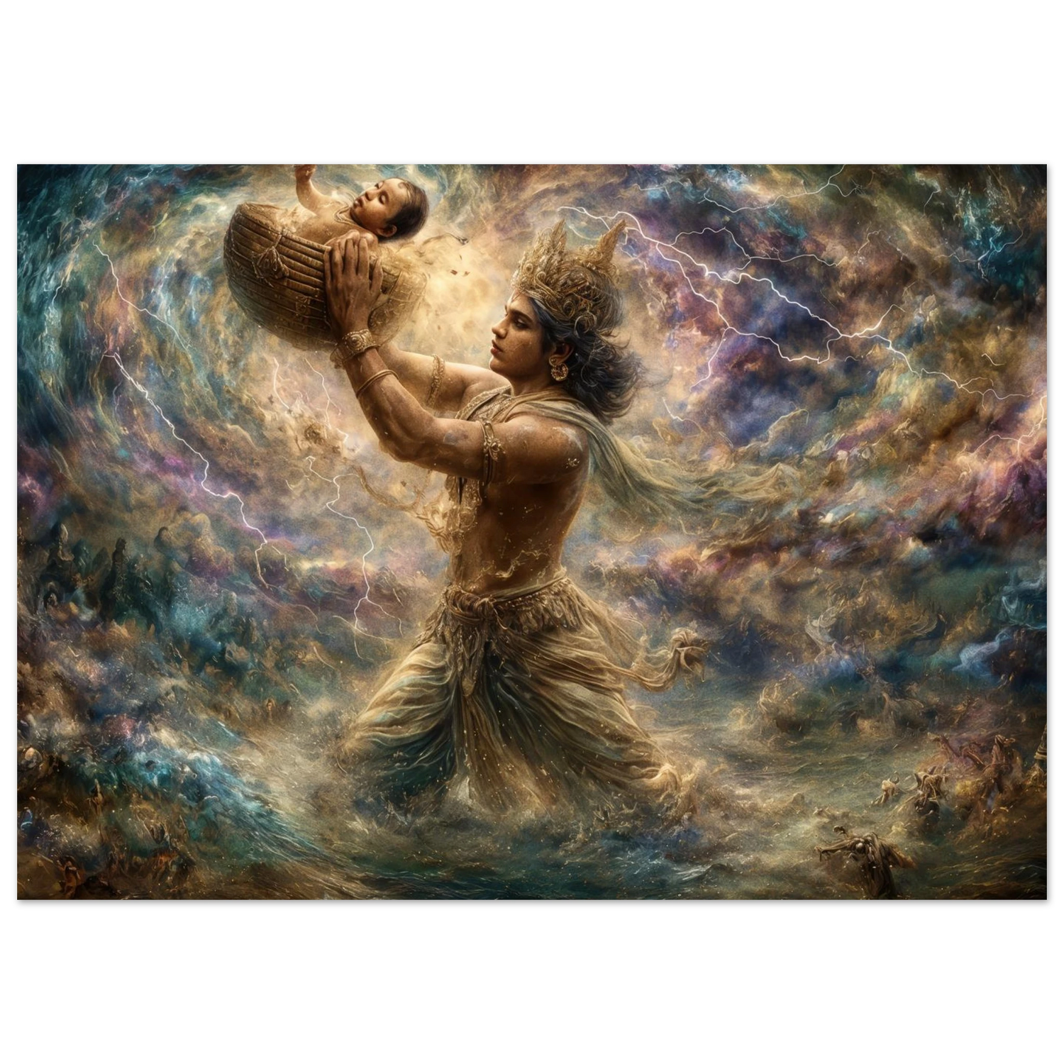 Krishna कृष्ण — The Crossing — Birth of the Divine — Aluminium Print — Sacred Hindu Deity Art by Duppy Art