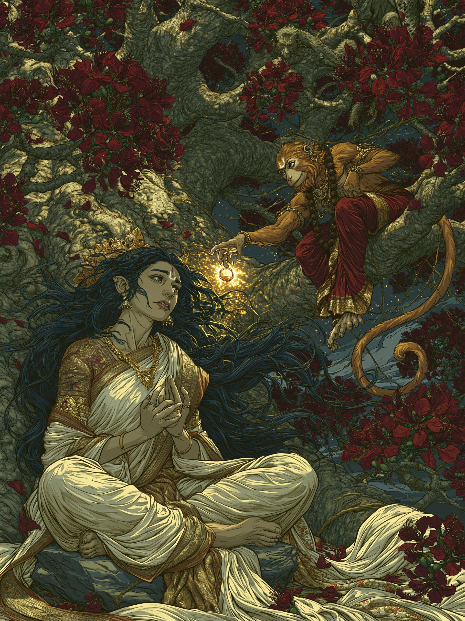 Hanuman हनुमान | Sita-Sandarshana — The Ring Beneath the Tree II - DuppyArt devotional digital print