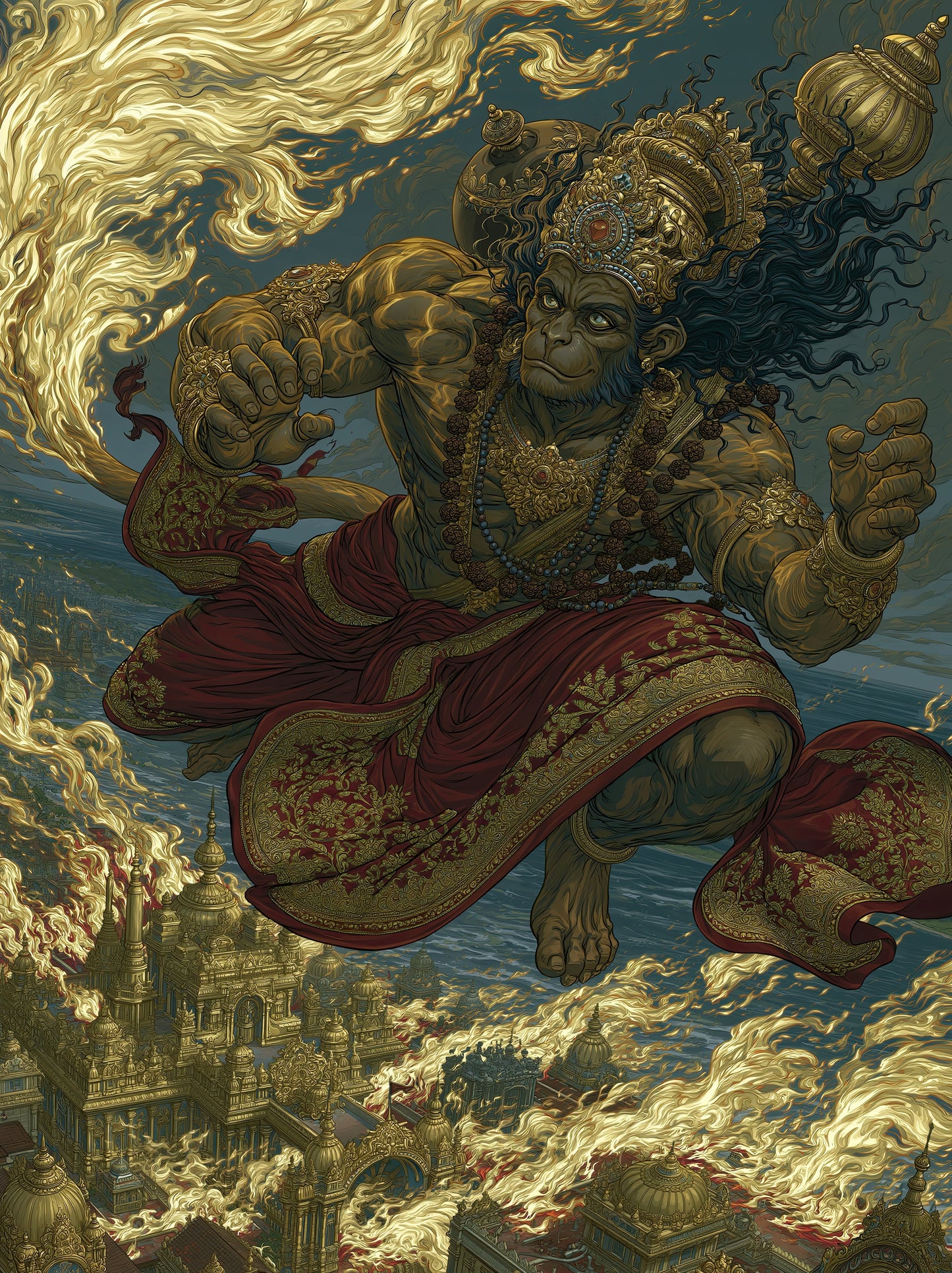 Hanuman हनुमान | Lanka-Dahana — The Burning of the Golden City I - DuppyArt devotional digital print