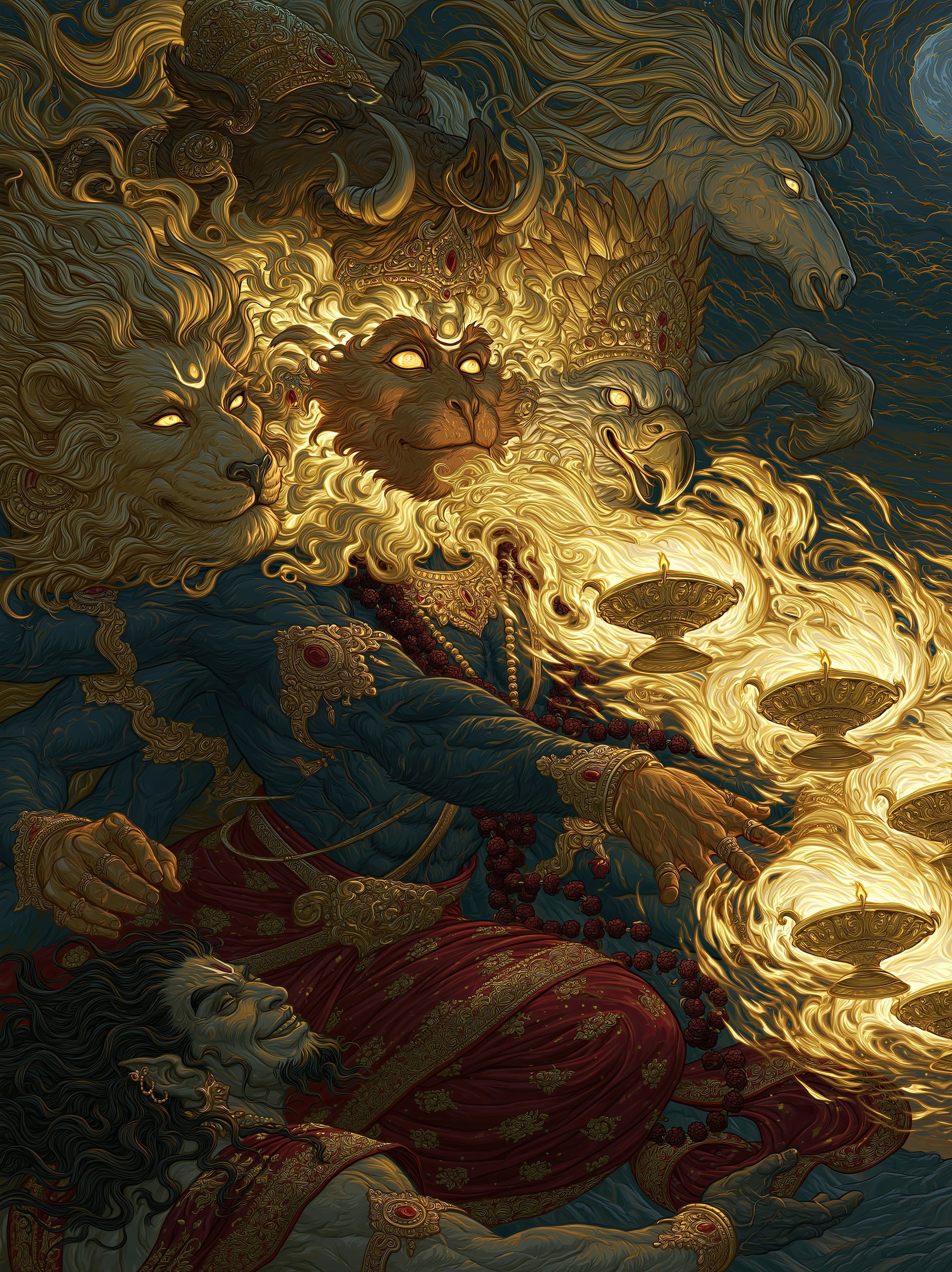 Hanuman हनुमान | Panchamukha — The Five-Faced Lord II - DuppyArt devotional digital print